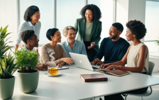 A serene office setting with diverse professionals engaged in discussion, featuring subtle wellness elements like plants and natural lighting, symbolizing inclusivity and a supportive environment.