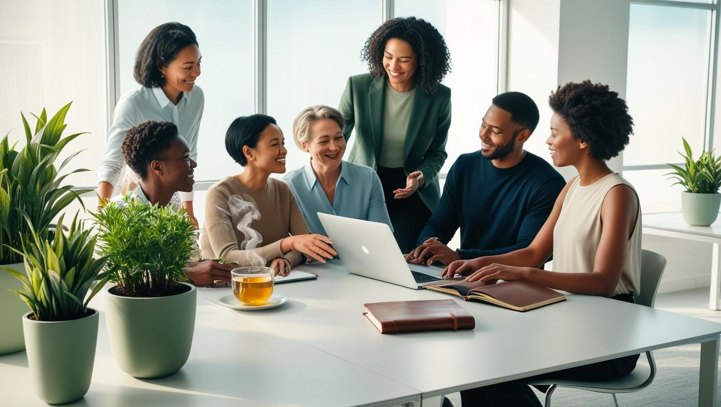 A serene office setting with diverse professionals engaged in discussion, featuring subtle wellness elements like plants and natural lighting, symbolizing inclusivity and a supportive environment.